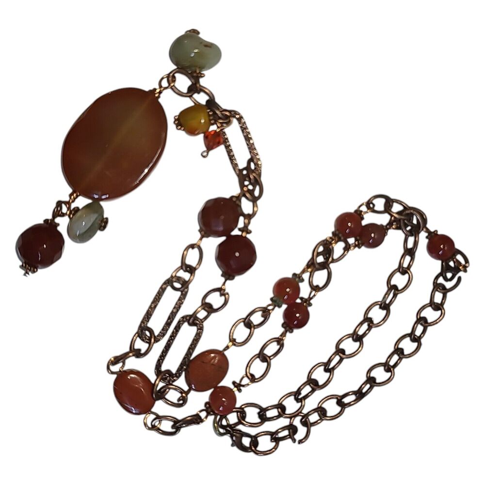 Boho Copper Color Stone And Crystal Beaded Y-Drop Necklace 24"‎